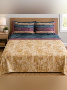 Vintage Dan River Floral & Striped Bedding Set in Gold, Teal & Plum FULL